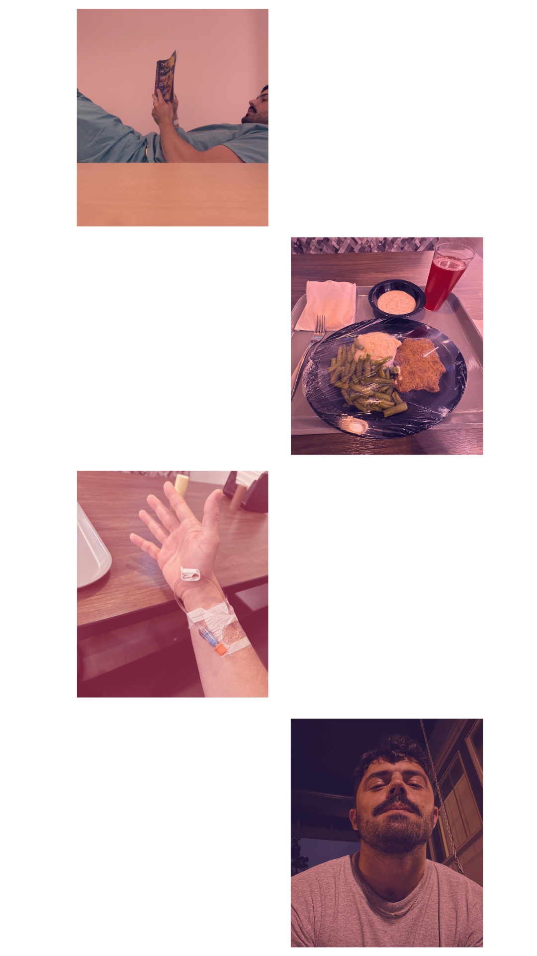 Person lying on bed reading a book, meal on tray with green beans, fried chicken, mashed potatoes, and drink, hospital IV in arm, man smiling at camera in indoor setting.